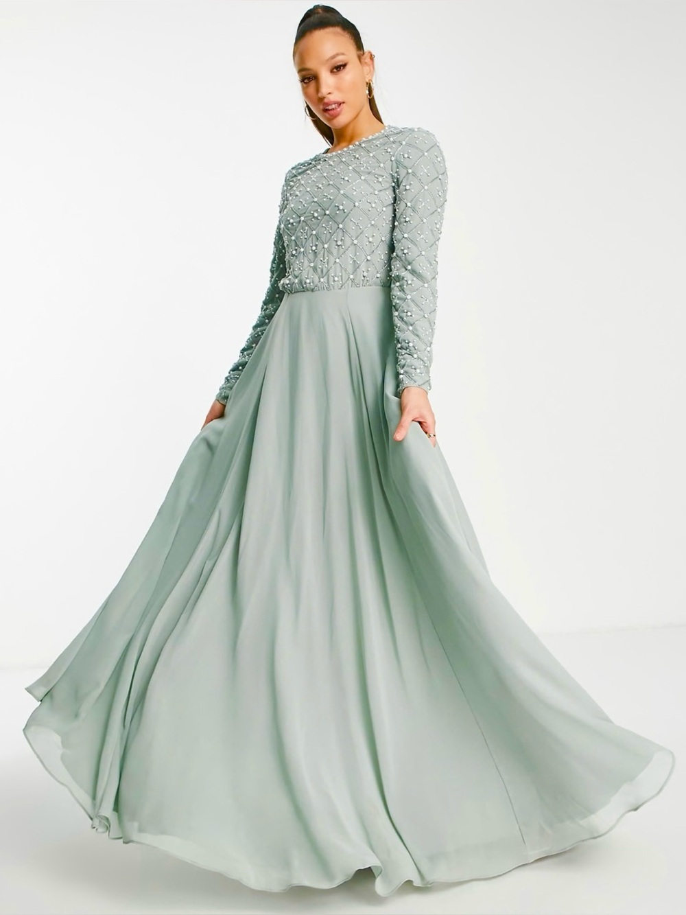 ASOS Green Long Sleeve Evening Gown